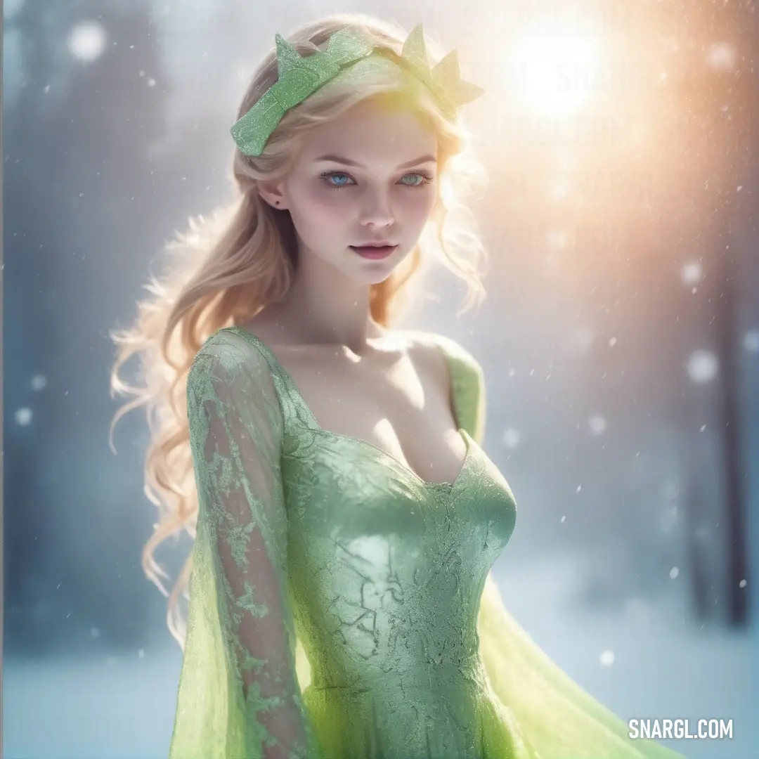 Woman in a green dress standing in the snow with a green bow on her head. Example of RGB 182,226,196 color.