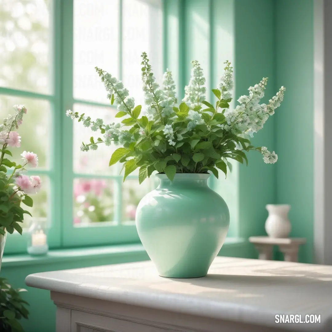 Vase with flowers on a table in front of a window with green shutters. Color NCS S 1515-G.