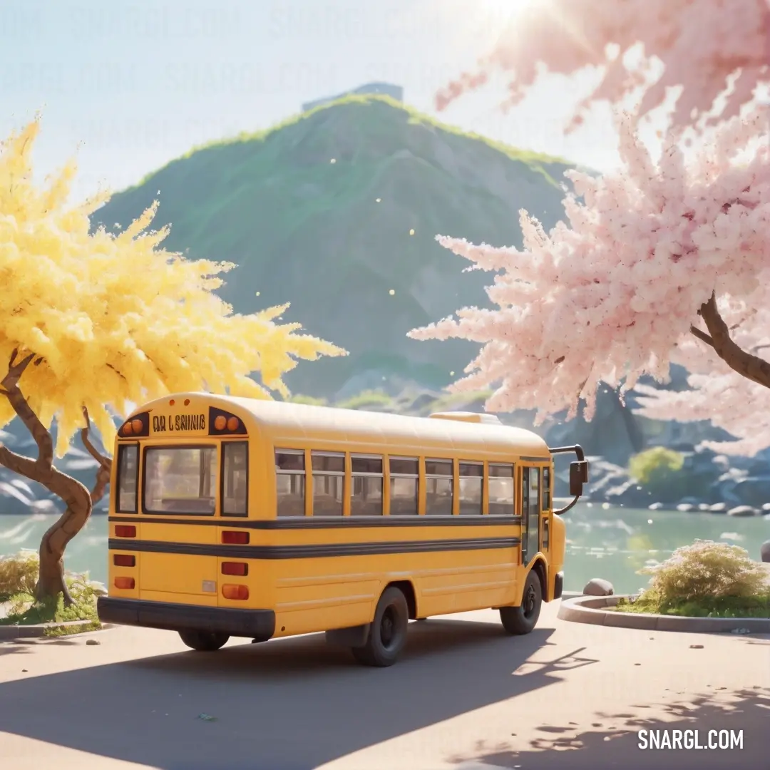 School bus is parked in front of a tree with pink flowers in the background. Example of NCS S 1515-R10B color.