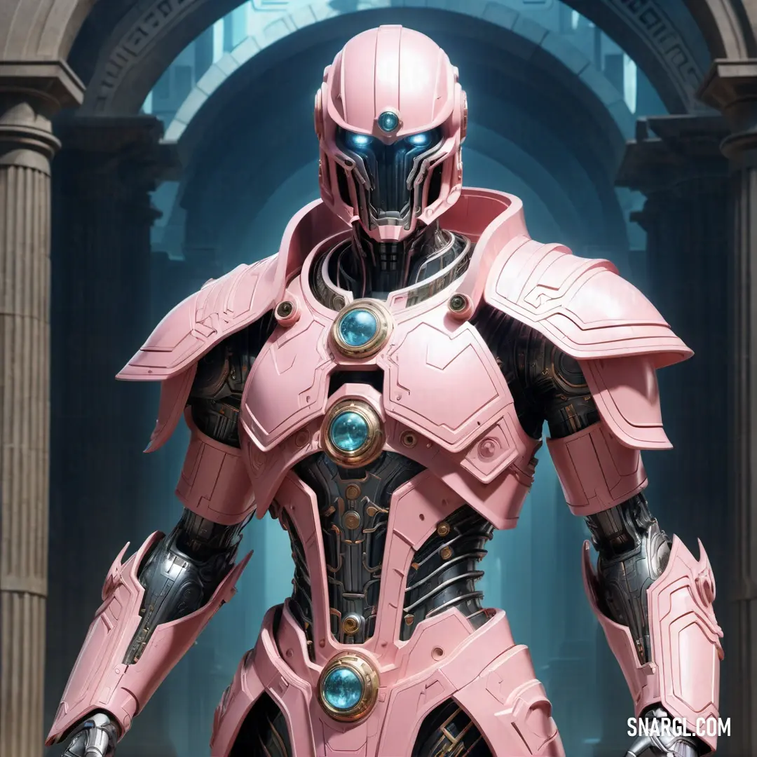 NCS S 1515-R10B color. Pink robot standing in front of a building with columns and arches in the background