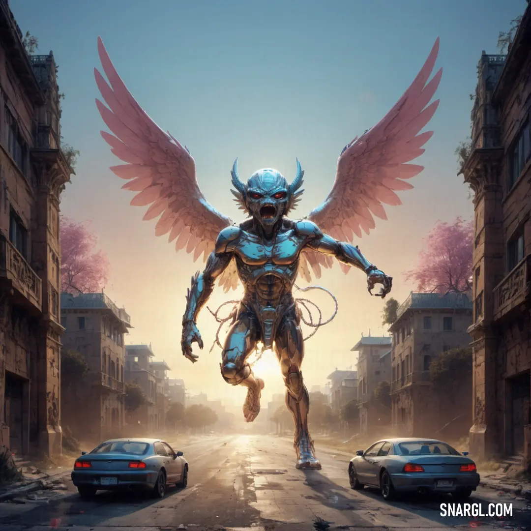 Man with wings and a demon like body walking down a street with cars in the background. Example of NCS S 1515-R20B color.