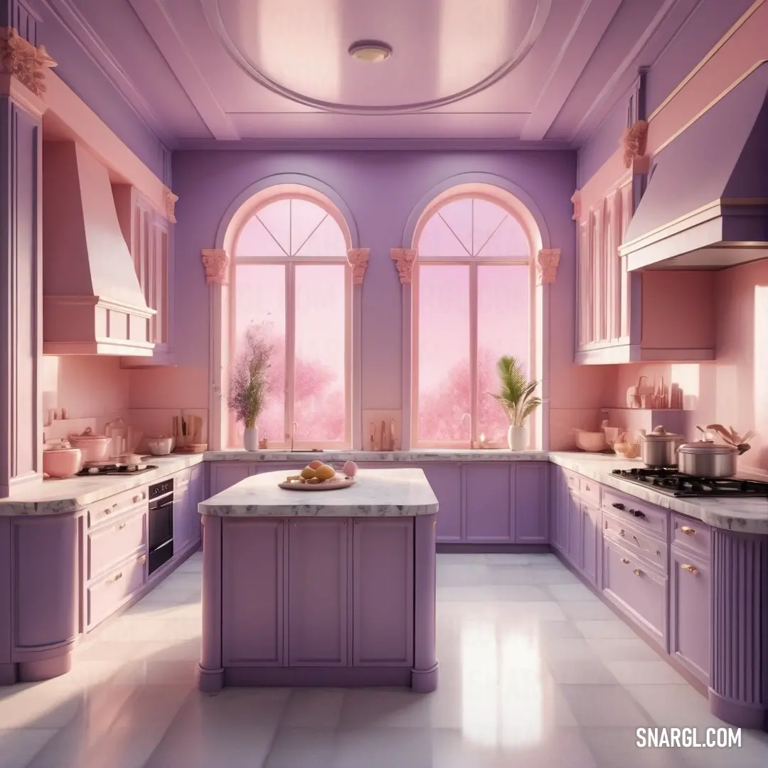 Kitchen with a large window and a sink and a stove top oven in it's center island. Color CMYK 3,20,0,15.