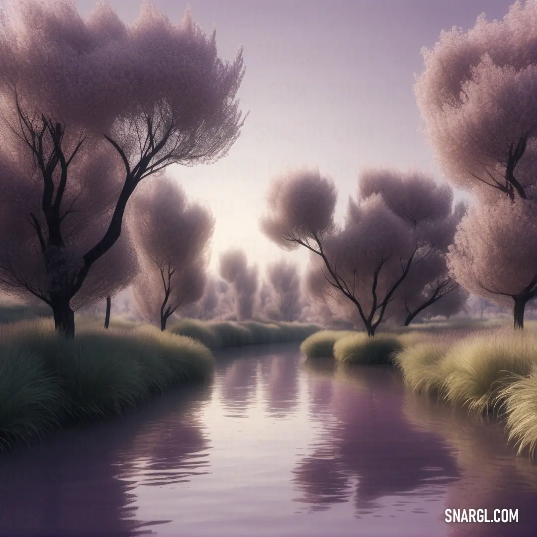 Painting of a river with trees and grass in the foreground. Color #D5BECD.