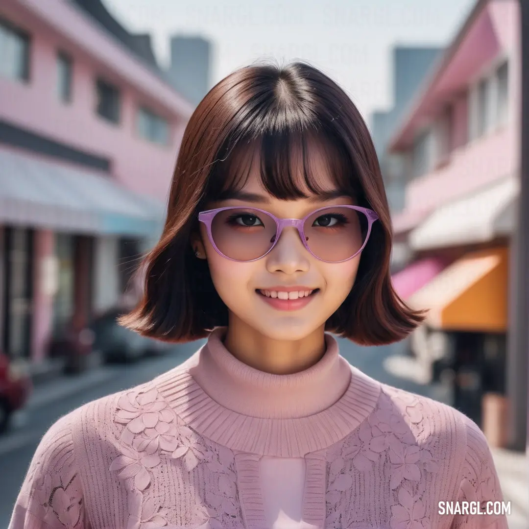 Woman with a pink sweater and purple glasses on a street corner with buildings in the background. Color RGB 213,190,205.