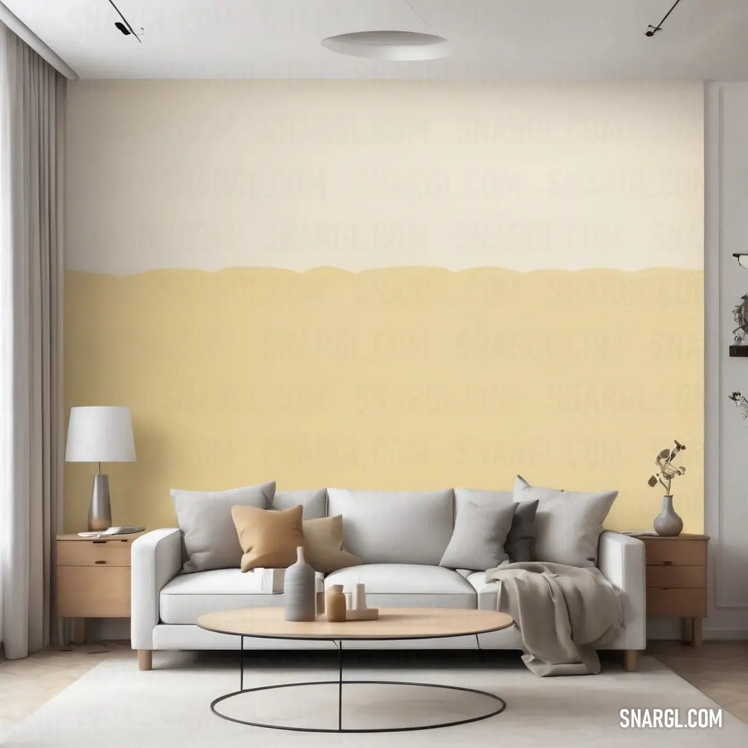 Living room with a couch and a table in it with a yellow wall behind it and a white rug. Color #DDD19A.