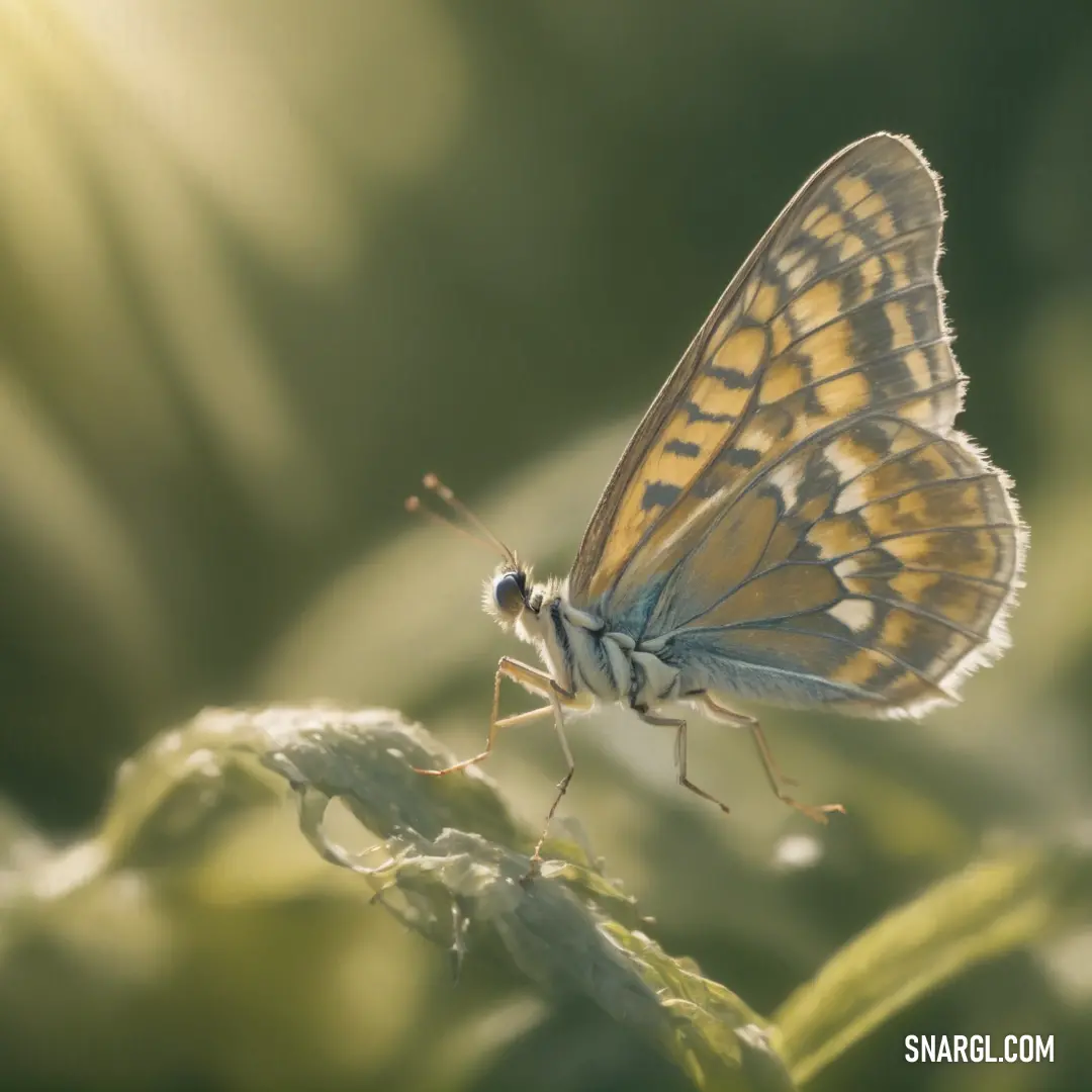Butterfly on a leaf in the sun light, with a blurry background. Color RGB 221,209,154.