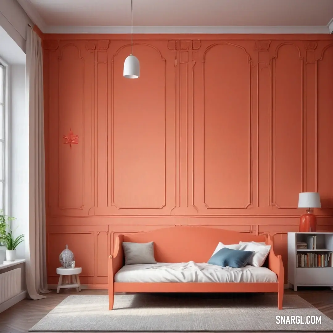 A cozy bedroom featuring a plush bed adorned with soft bedding, a stylish bookshelf filled with books, and a lamp illuminating the space from the wall. The sunlight streams through the window, creating a warm and inviting atmosphere.