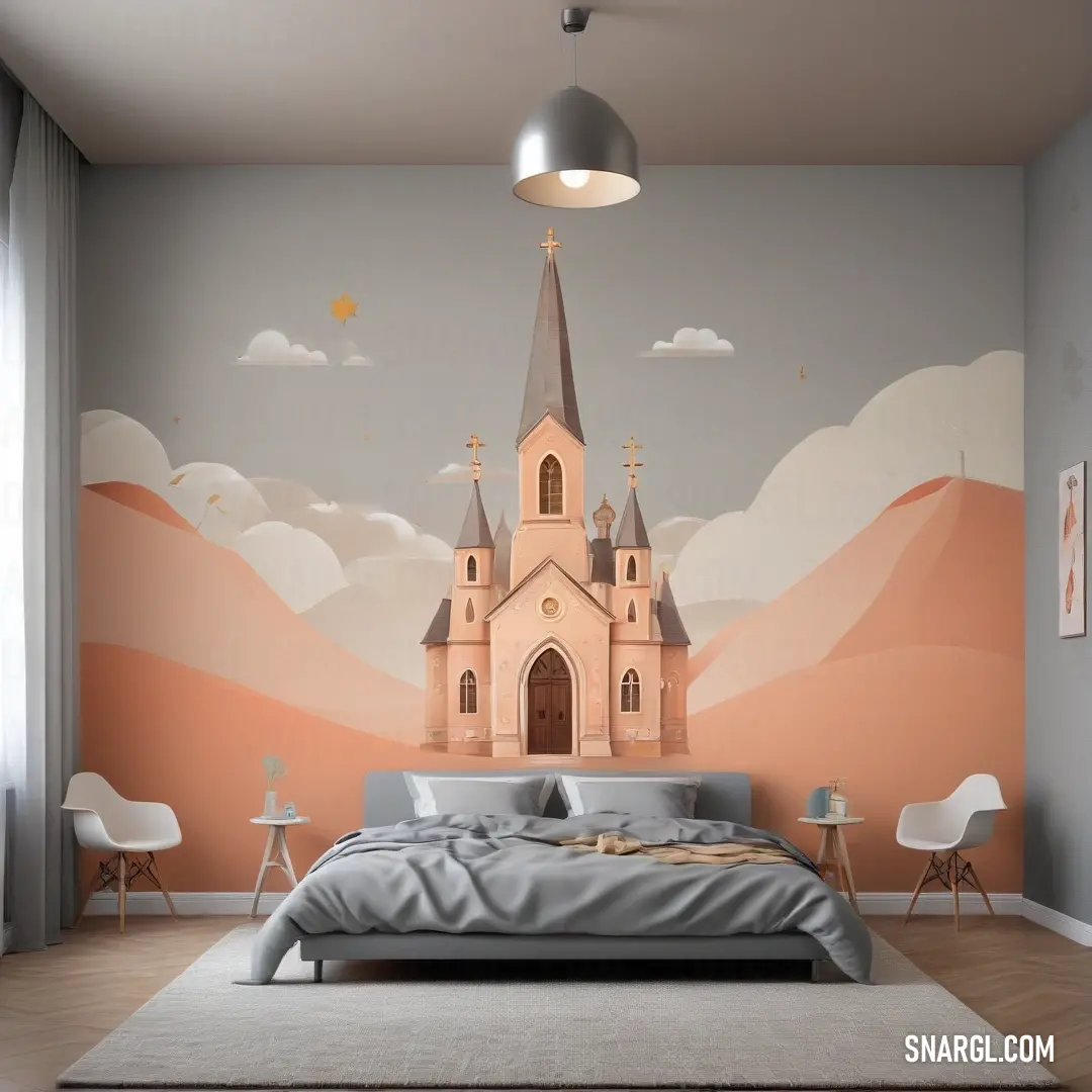 A striking bedroom adorned with a large mural depicting a serene church, setting a tranquil backdrop for the elegantly made bed dressed in a cozy gray comforter. This room offers a peaceful retreat inspired by artistry and comfort.