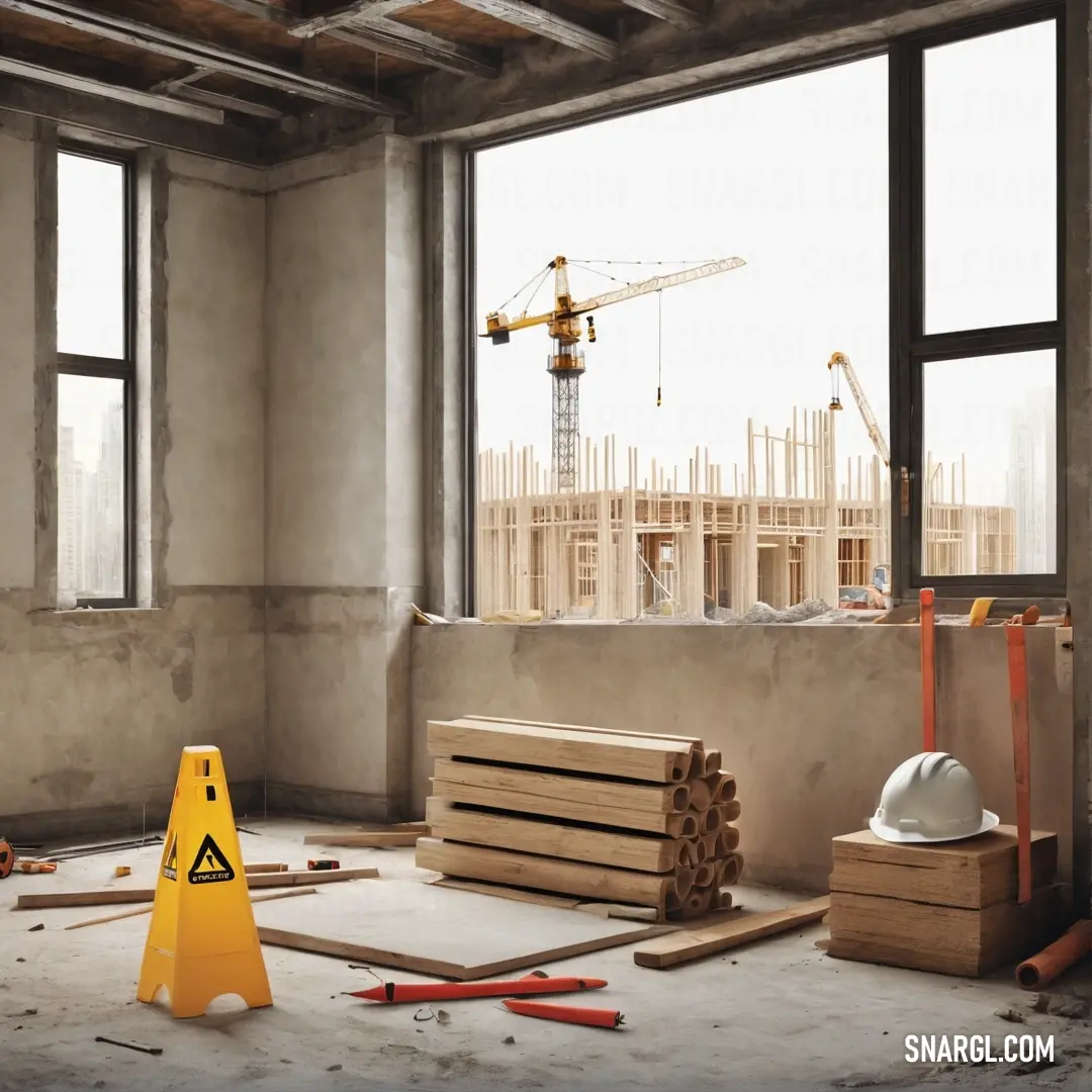 A bustling construction site captured in action, showcasing a towering construction crane surrounded by tools scattered on the ground and a prominent construction sign, reflecting the industrious spirit of progress and building.