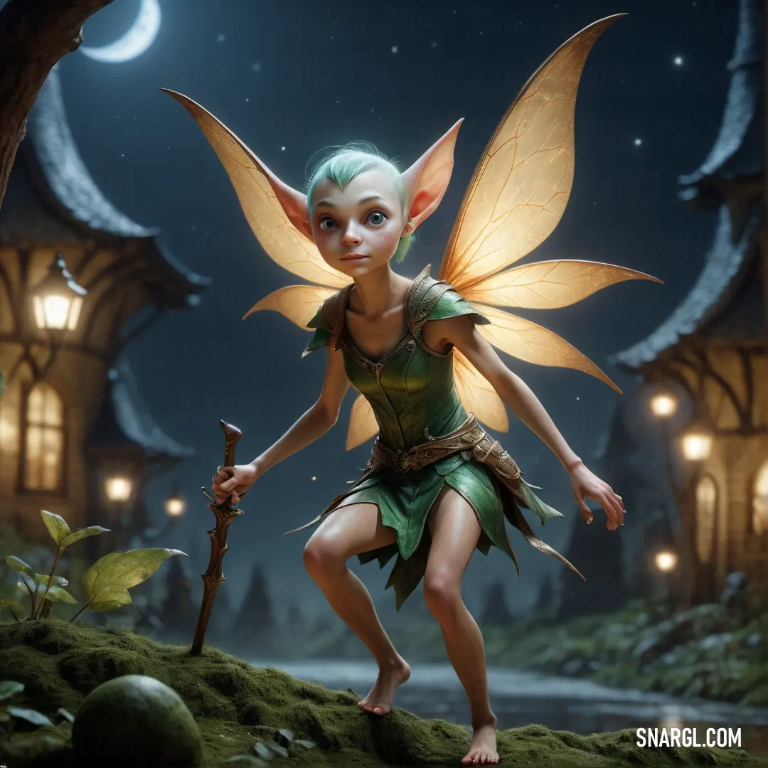 Fairy with a staff in a forest at night with a full moon in the background. Color NCS S 1515-Y10R.