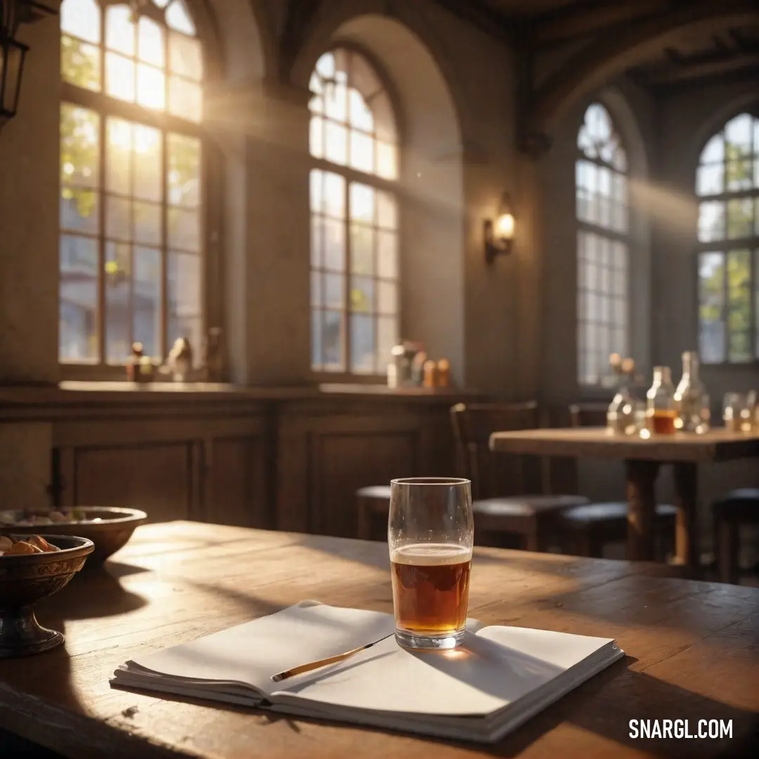 A refreshing glass of beer sits atop a napkin on a restaurant table, accompanied by a charming arrangement of food and napkins. The inviting scene exudes a warm and relaxed atmosphere, perfect for enjoying a meal with friends.