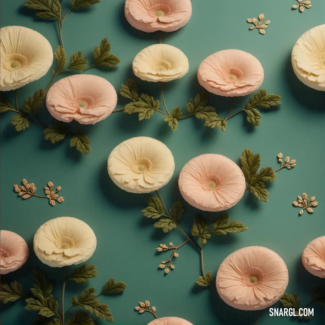 Group of pink flowers on a blue background. Example of CMYK 0,8,40,10 color.