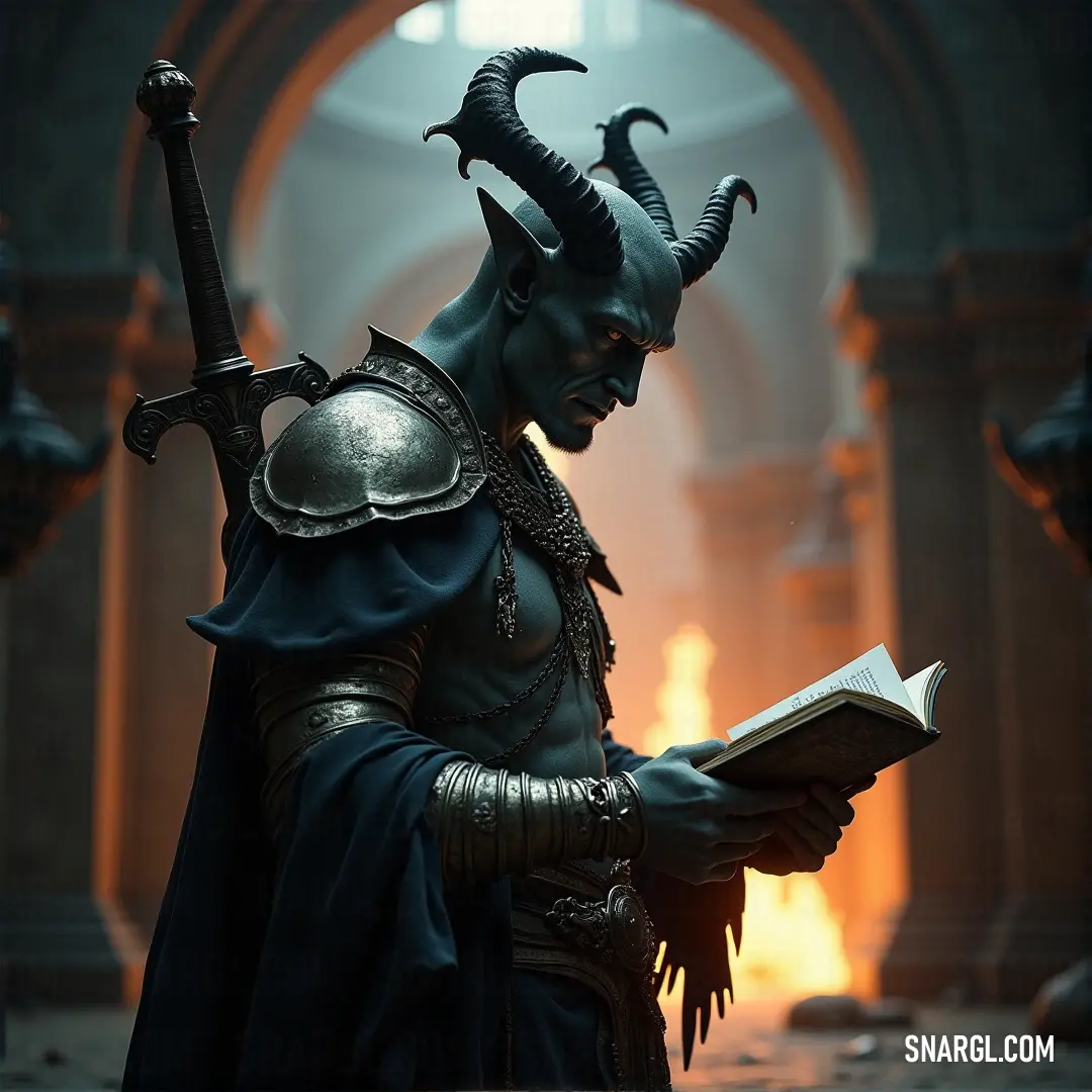 A mystical character in a horned costume commands attention with a book in one hand and a sword in the other, silhouetted against a backdrop of ancient lore, inviting curiosity into a world of fantasy.