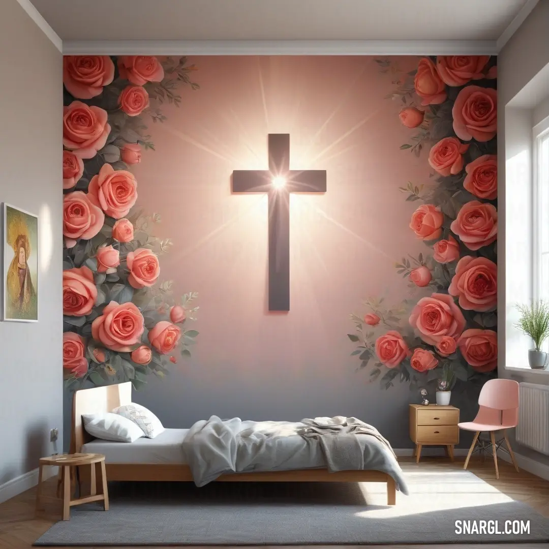 A charming bedroom featuring a decorative wall adorned with a cross and colorful flowers, complemented by a neatly made bed with a cozy blanket and a comfortable chair, creating a serene and inviting space perfect for reflection and relaxation.