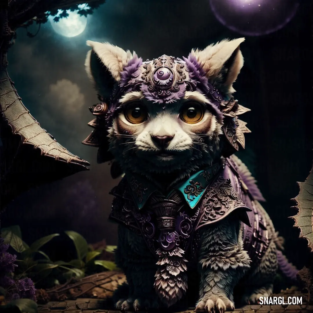 A playful cat, dressed in a whimsical costume, perches on a rock with a full moon shining in the background. The glowing sky adds a mystical touch to the scene, with the cat's attire contrasting beautifully against the dark night.