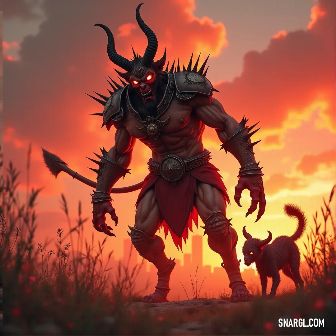 A striking creature with a menacing presence stands in an open field with a playful dog beside it, backlit by a dramatic sunset that intensifies the vibrant hues of the sky.