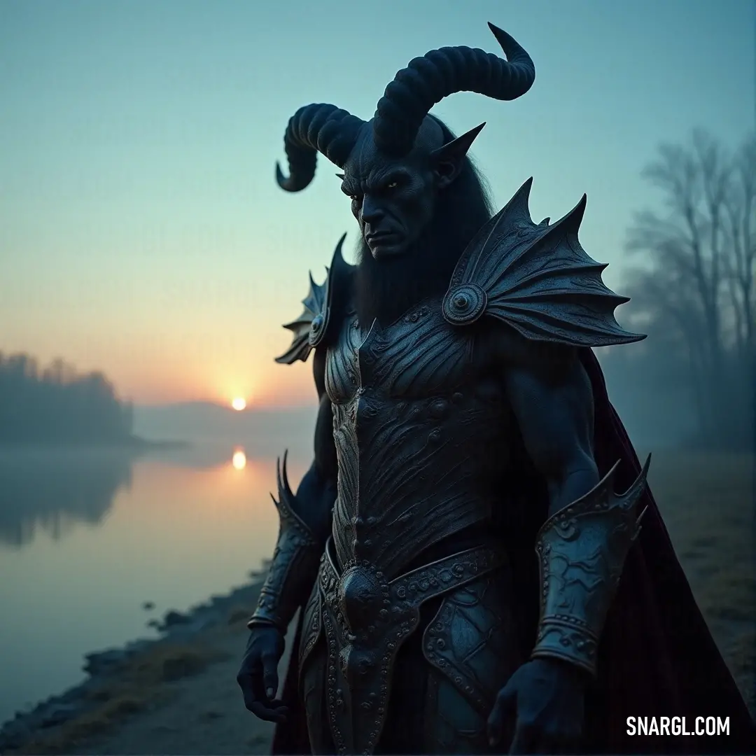 Bathed in the warm hues of a sunset, a man in a dramatic horned attire stands near a tranquil body of water, reflecting the vibrant colors of the sky, creating a serene yet captivating scene.