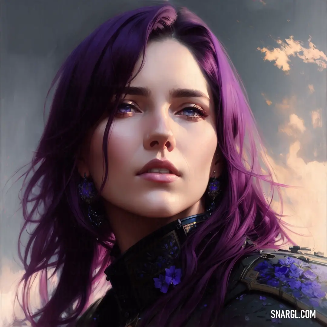 A confident woman with striking purple hair, dressed in an elegant purple dress, stands against a serene sky. The soft hues of the sky blend with her outfit, creating a peaceful yet vibrant atmosphere. A subtle golden tone complements the scene's colors.