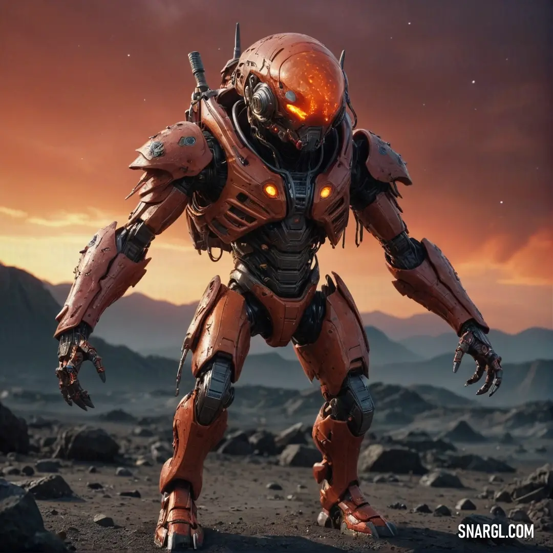 A futuristic robot stands proudly on a rugged rocky terrain illuminated by a breathtaking sunset. The warm colors of the sunset glow against the metallic exterior of the robot, symbolizing the harmony between nature and technology.