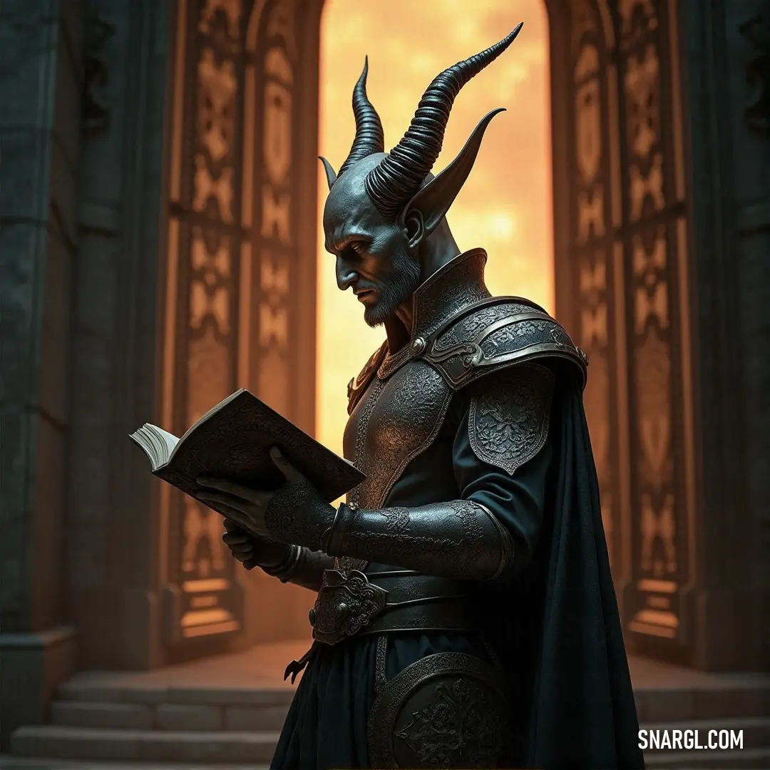 In a dimly lit sanctuary, a statue of a horned figure engrossed in reading rests near a doorway, where celestial light pours through, illuminating the tranquil scene in a mystical glow.