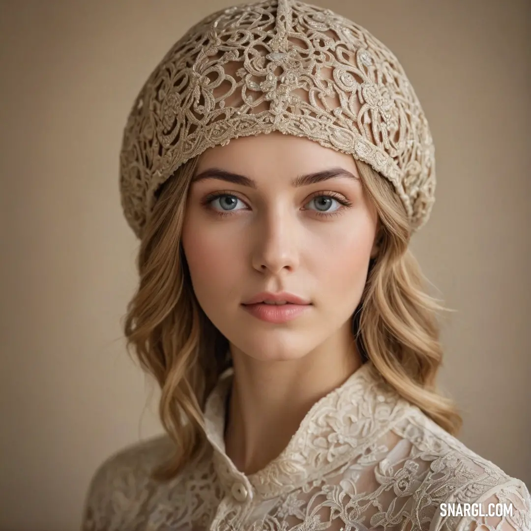 A woman with a gentle demeanor, adorned in a delicate white lace hat, bright blue eyes sparkling as they meet the viewer's gaze, captures the essence of grace, reflecting the warm tones of NCS S 1515-Y10R in the surrounding ambiance.