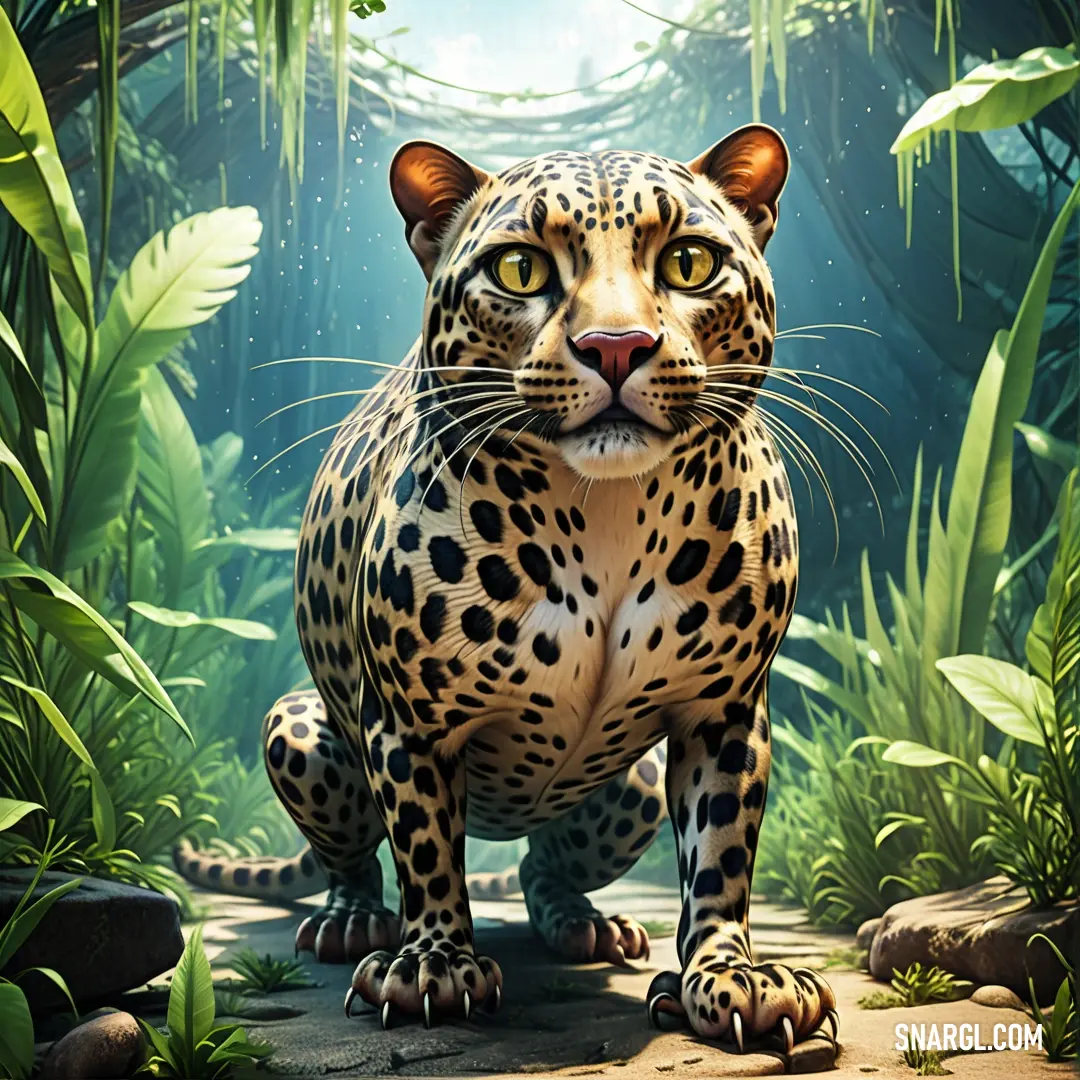 Leopard standing in a jungle with a light shining on it's face and eyes, with a background. Color RGB 231,207,156.