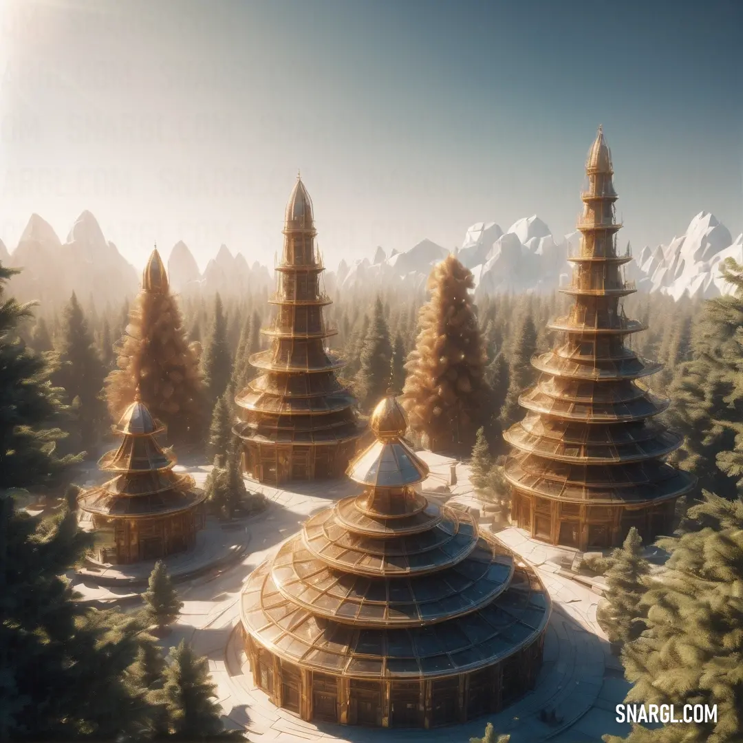 NCS S 1515-Y30R color example: Computer generated image of a forest with a pagoda in the middle of it