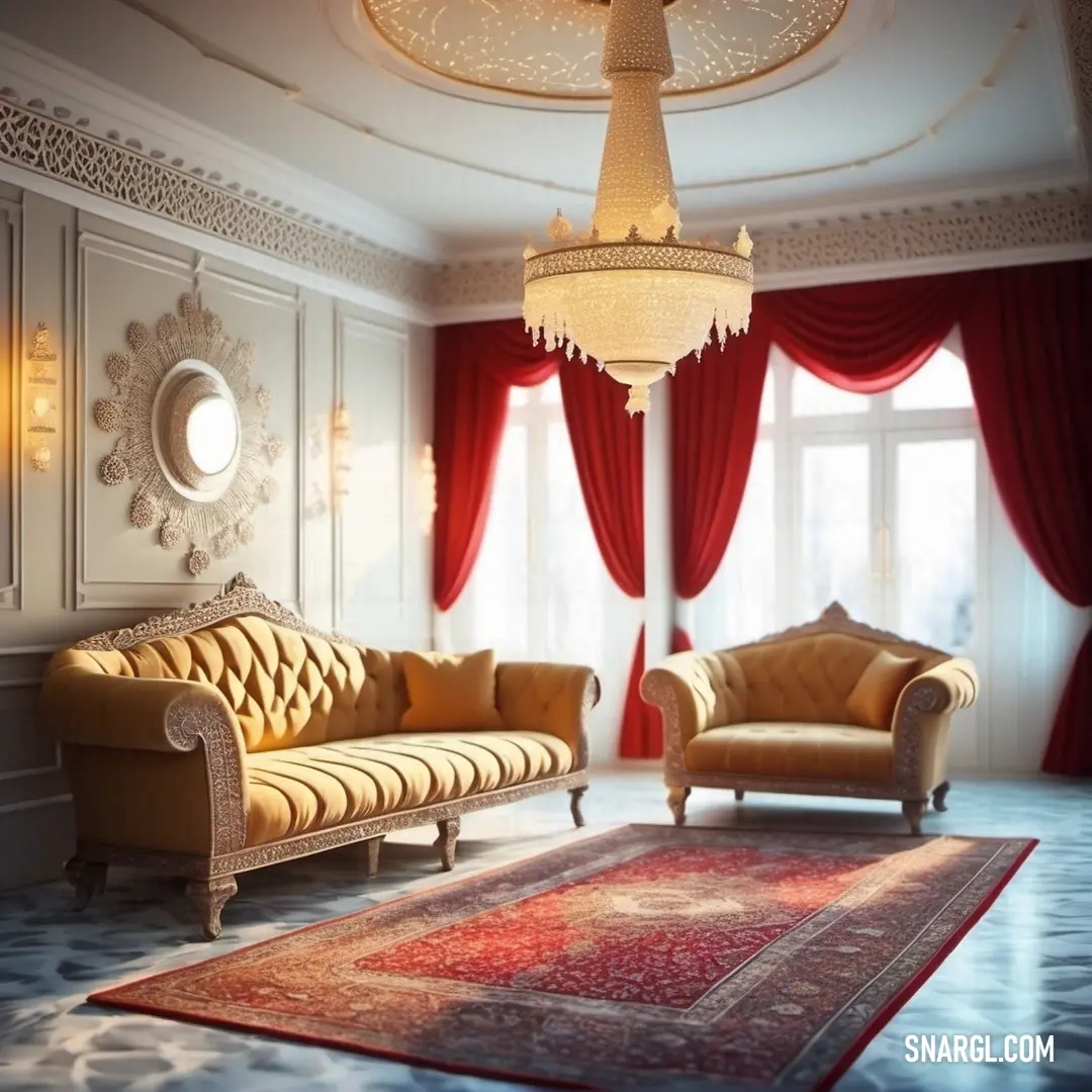 Living room with a chandelier and two couches in it and a rug on the floor. Color CMYK 0,20,40,5.
