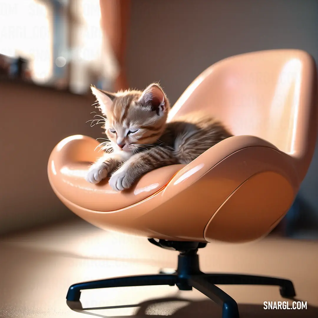 Kitten is in a chair on a table and is looking at the camera. Example of CMYK 0,25,35,5 color.