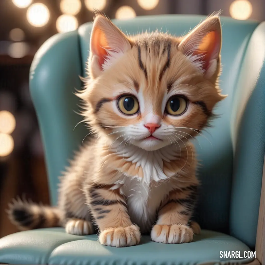 Small kitten on top of a blue chair with a light background. Color NCS S 1515-Y60R.