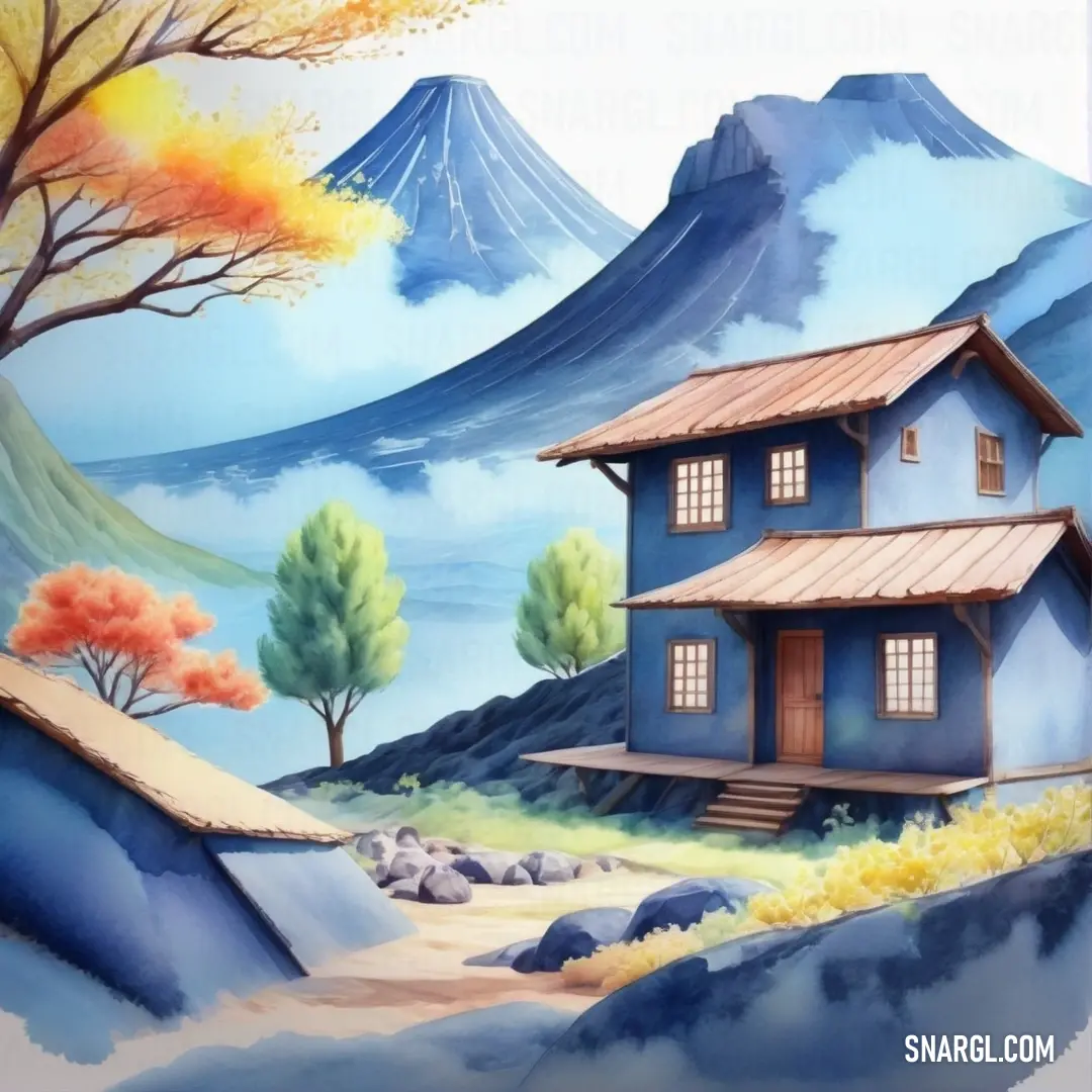 NCS S 1515-Y70R color. Painting of a house in the mountains with a mountain in the background