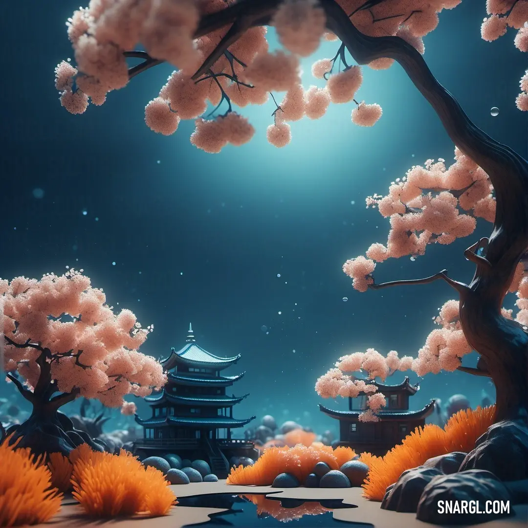 Painting of a night scene with cherry blossoms and a pagoda in the background. Example of #F0C4AA color.