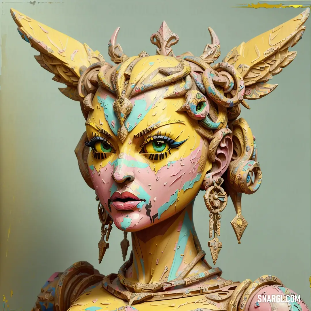 Statue of a woman with yellow and blue paint on her face and body and wings on her head. Color NCS S 1515-Y80R.