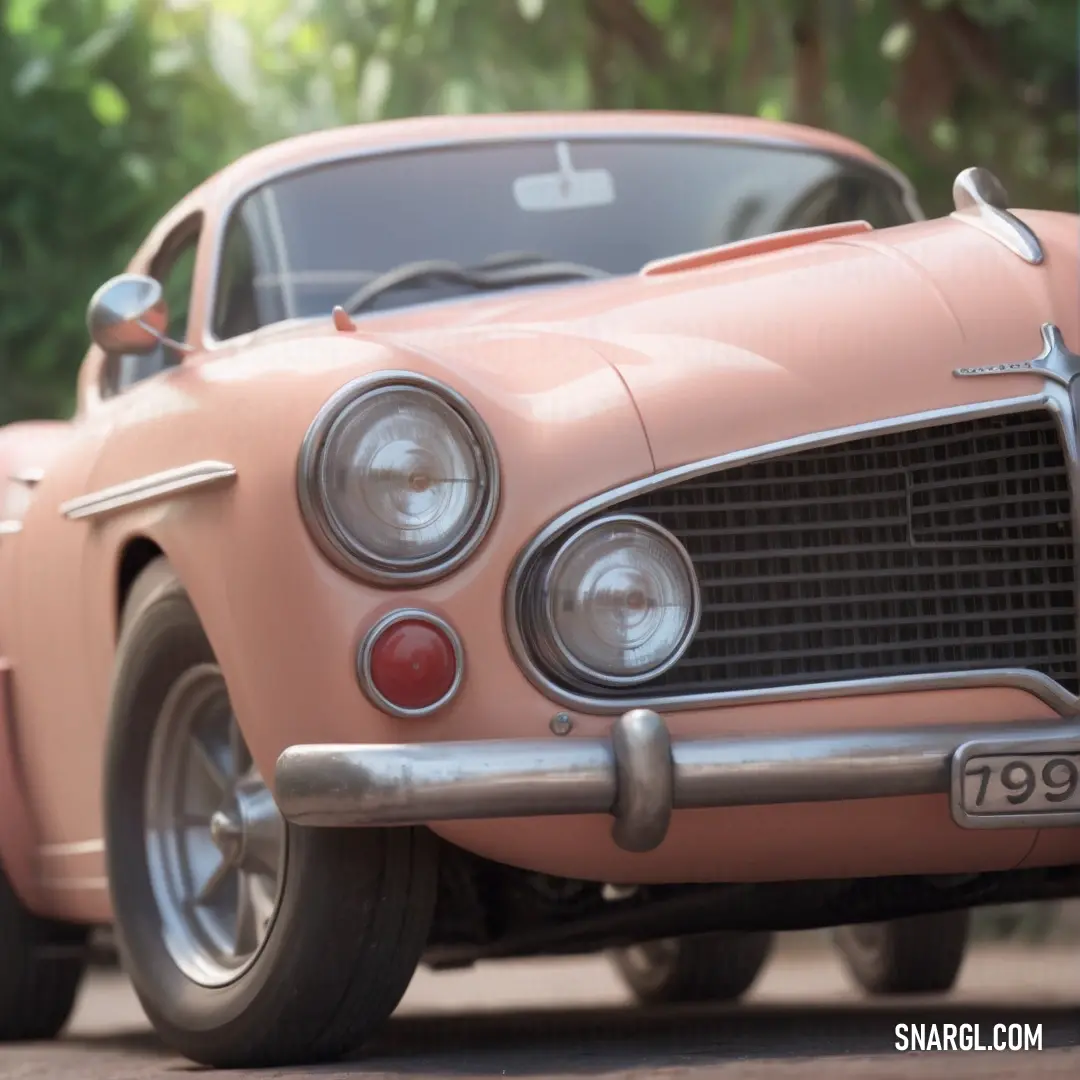 Pink car parked on the side of the road with trees in the background. Color NCS S 1515-Y90R.