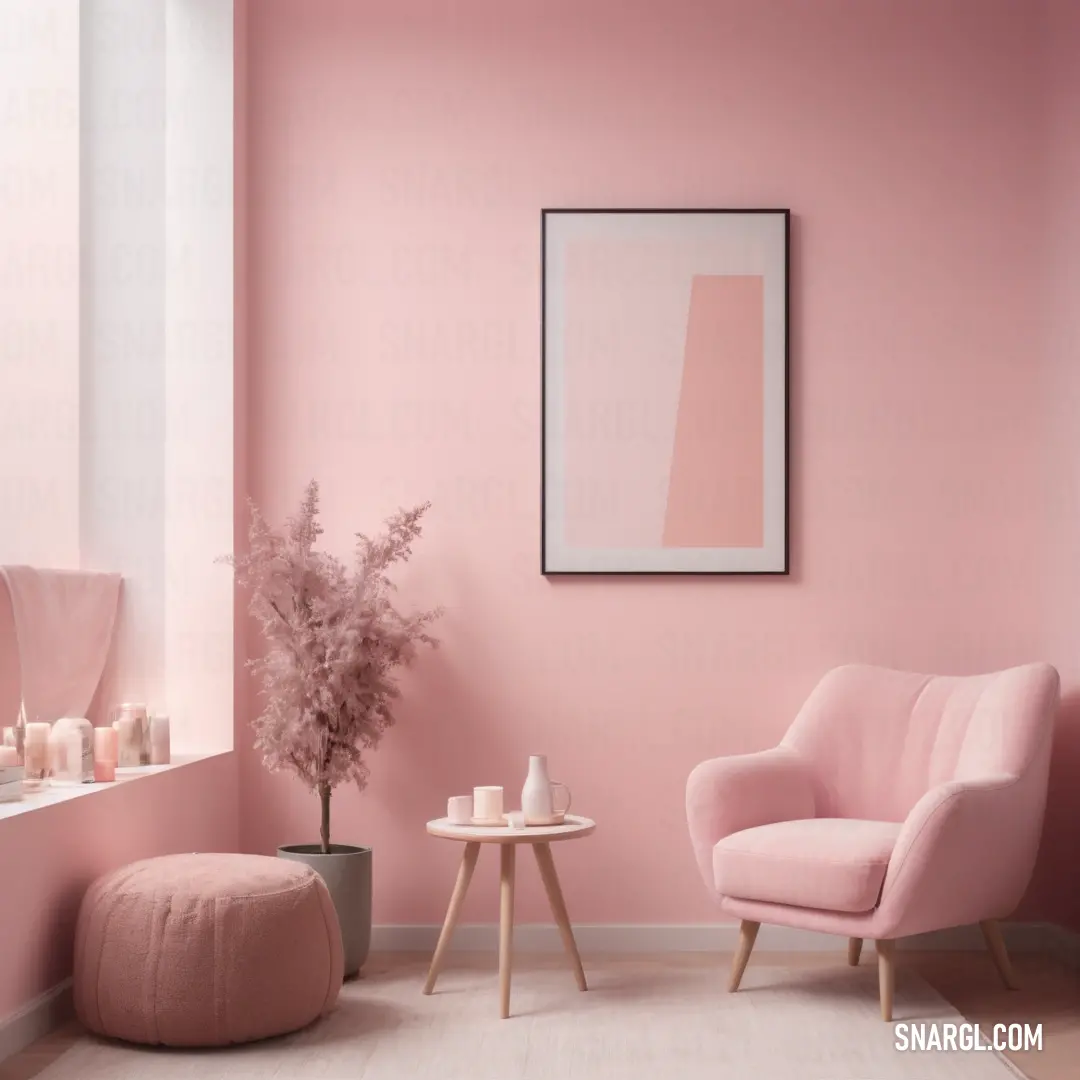 Pink room with a pink chair and a pink ottoman and a pink plant in a vase on a table. Color NCS S 1515-Y90R.