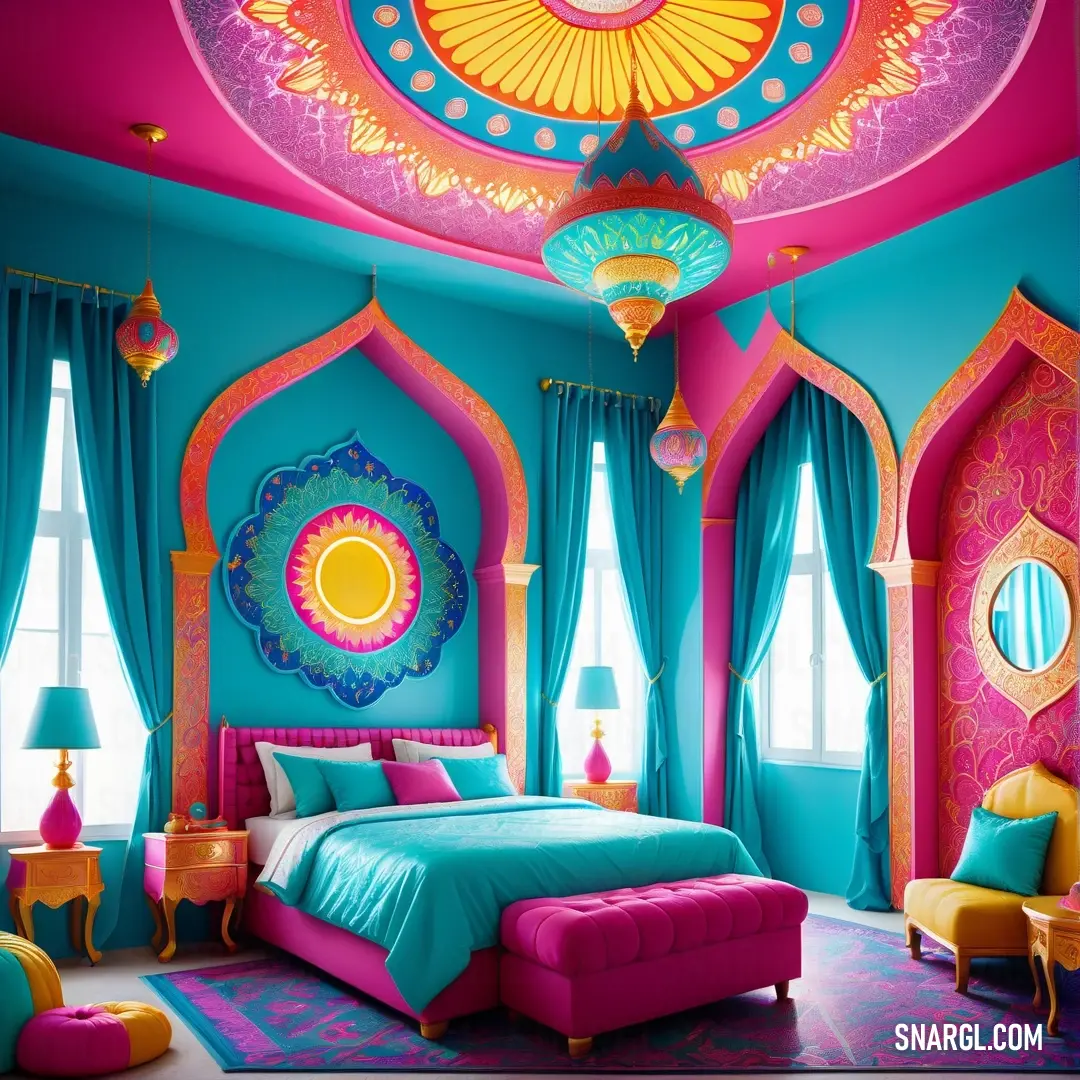 Bedroom with a bed, a chair and a chandelier in it. Color #00A6BA.