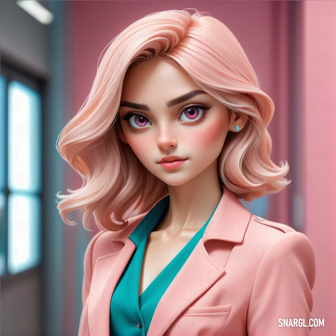 Doll with blonde hair and a pink jacket on a pink wall and a window behind it. Example of RGB 0,166,186 color.