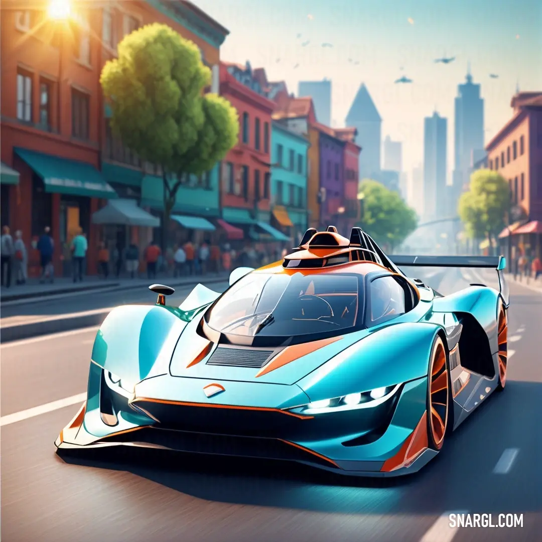 Blue and orange sports car driving down a street in front of a crowd of people on a sunny day. Example of #00A6BA color.