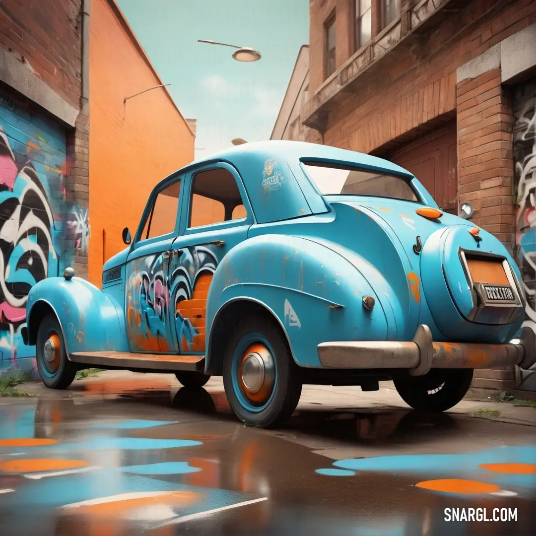 Blue car parked in front of a building with graffiti on it's side and a light pole. Color RGB 0,166,186.