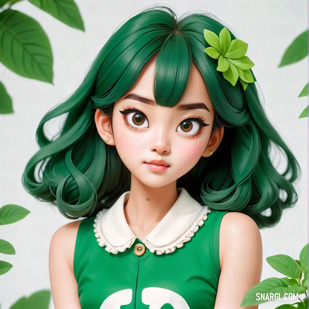 Green haired girl with a green hair and a green dress with a number on it and a green leafy background. Color RGB 0,175,114.