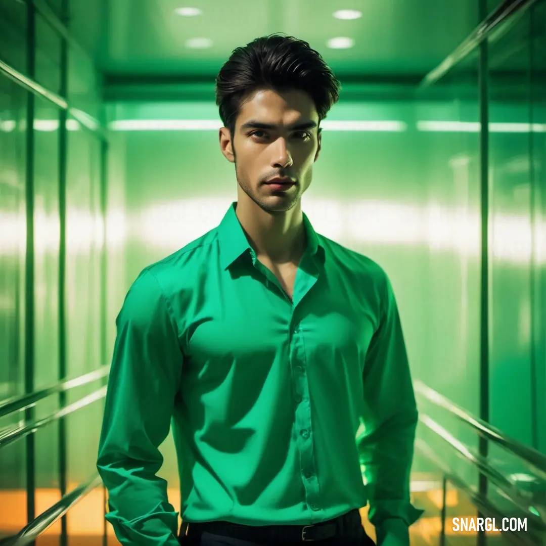 NCS S 1565-G color. Man in a green shirt standing in a hallway with a green wall behind him