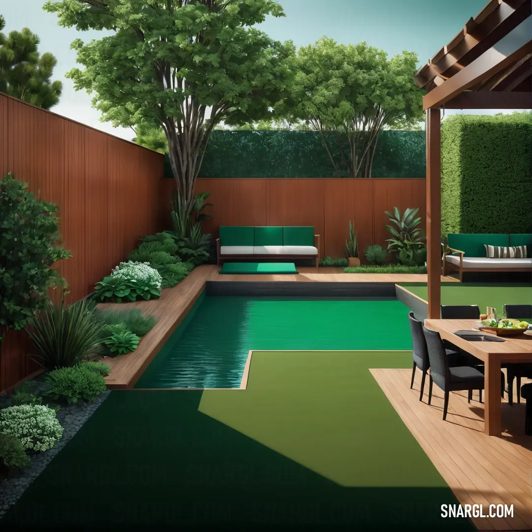 Small backyard with a pool and a table and chairs and a couch and a table with a green cushion. Example of #00AF72 color.