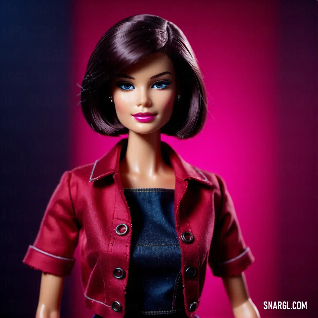 Cute doll with a red jacket and black dress and a pink background. Example of CMYK 0,100,45,25 color.