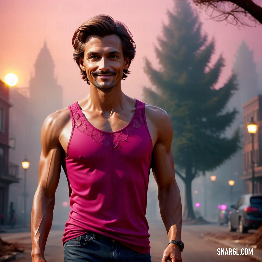 Man with a pink shirt and a pink tank top on a street at night with a tree in the background. Color RGB 176,0,62.