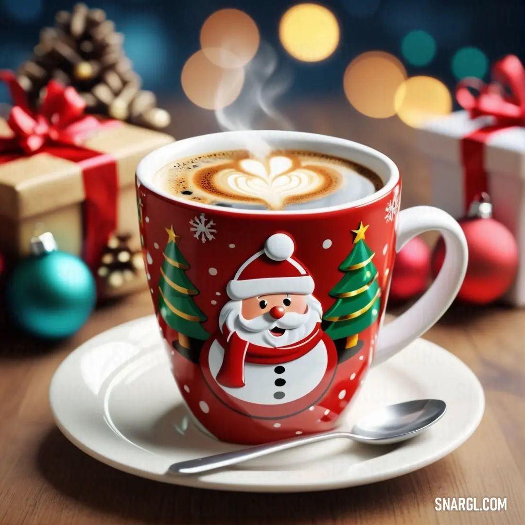 Cup of coffee with a santa clause design on it and a spoon on a plate with a gift box. Example of CMYK 0,100,95,10 color.