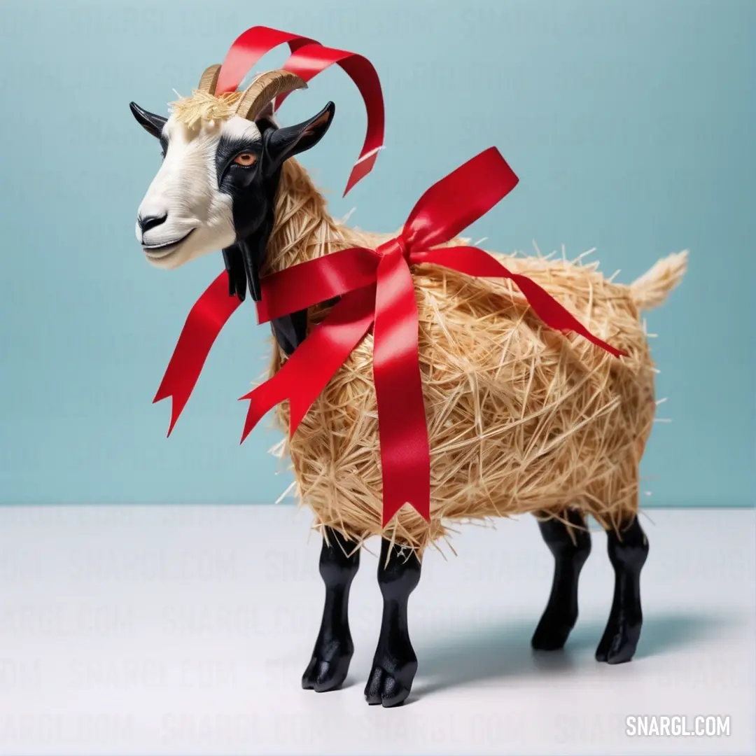 Goat with a red ribbon on its head and a blue background. Example of NCS S 1580-Y80R color.