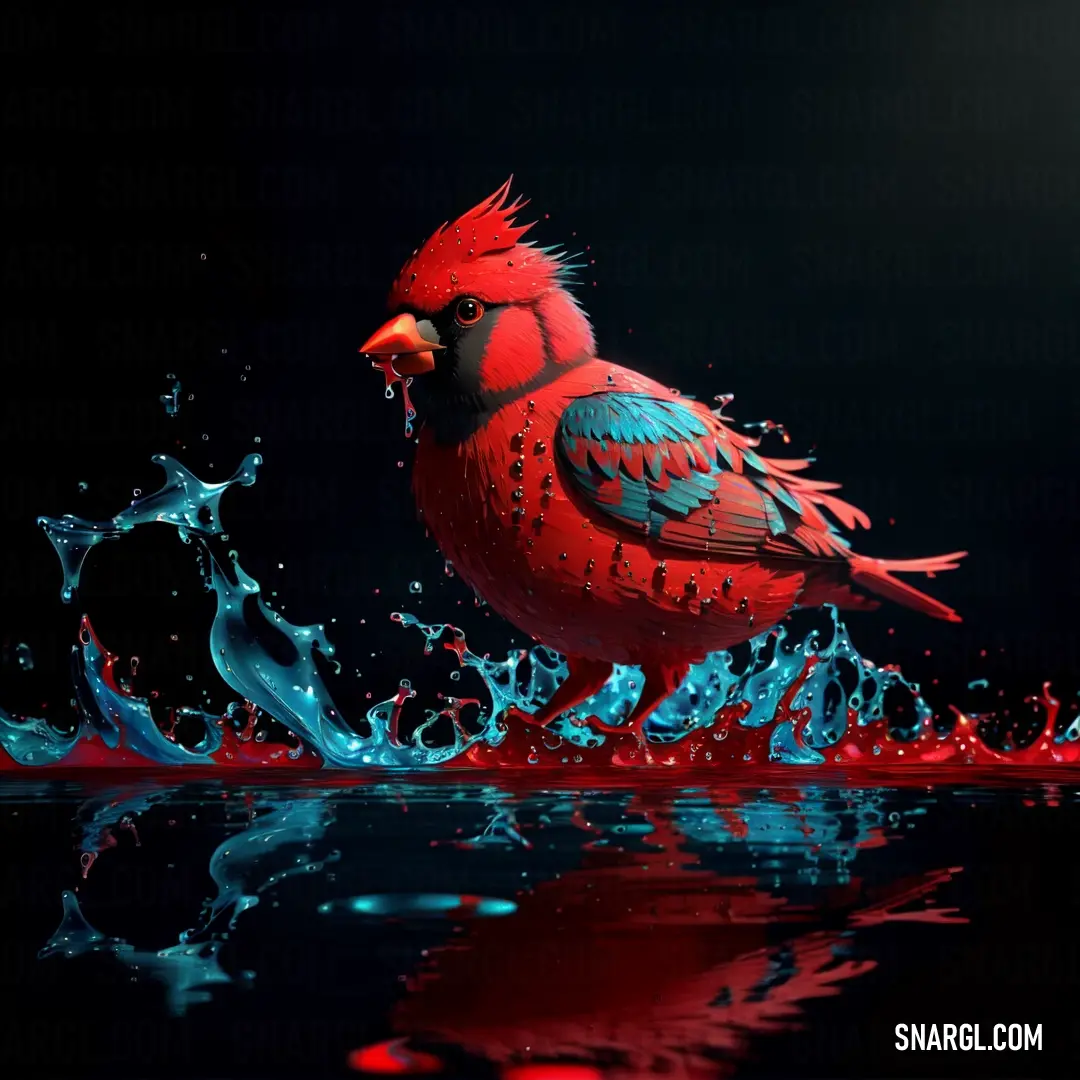 Red bird with blue feathers standing on a body of water with splashes of water around it and a black background