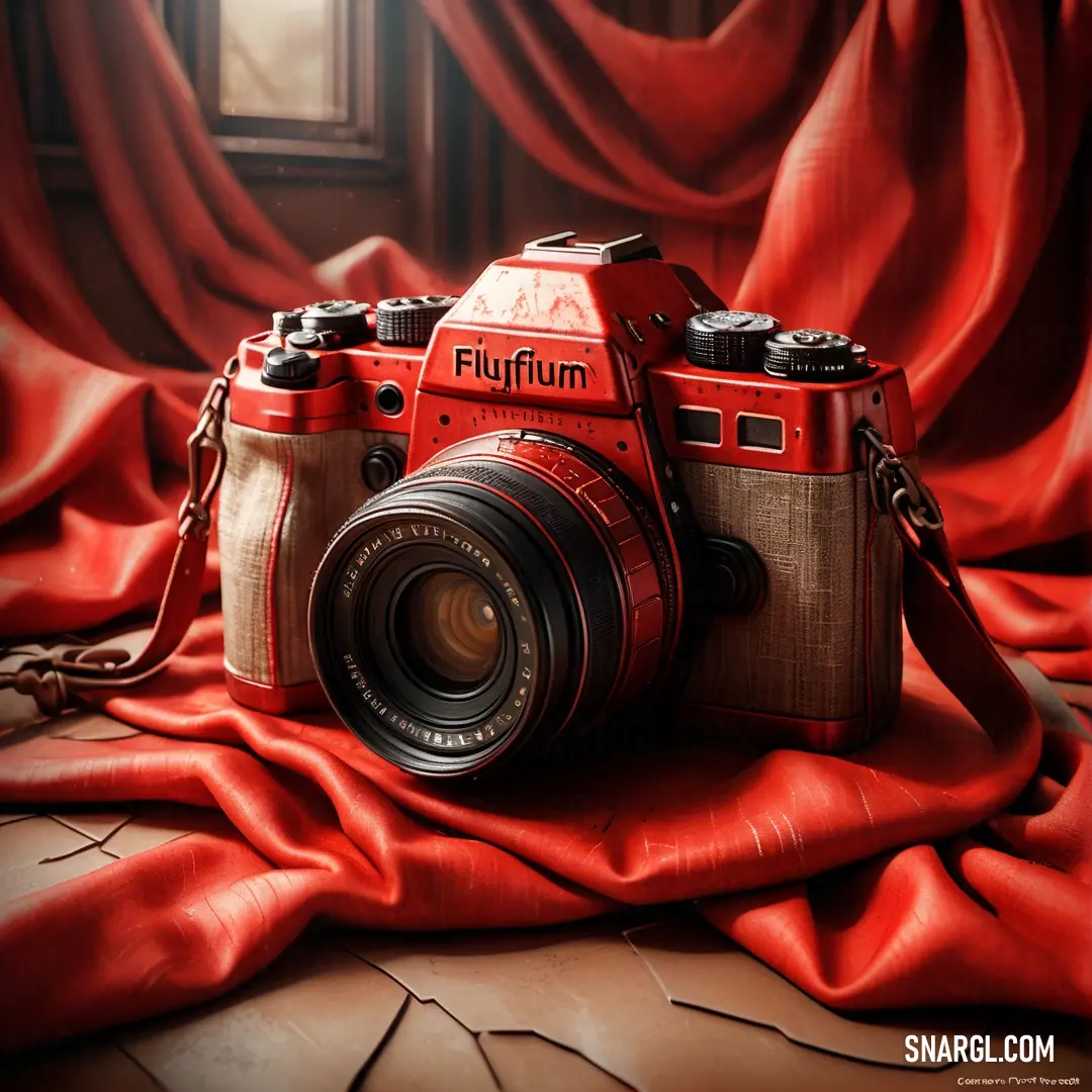 NCS S 1580-Y80R color example: Red camera on a red cloth with a window in the background