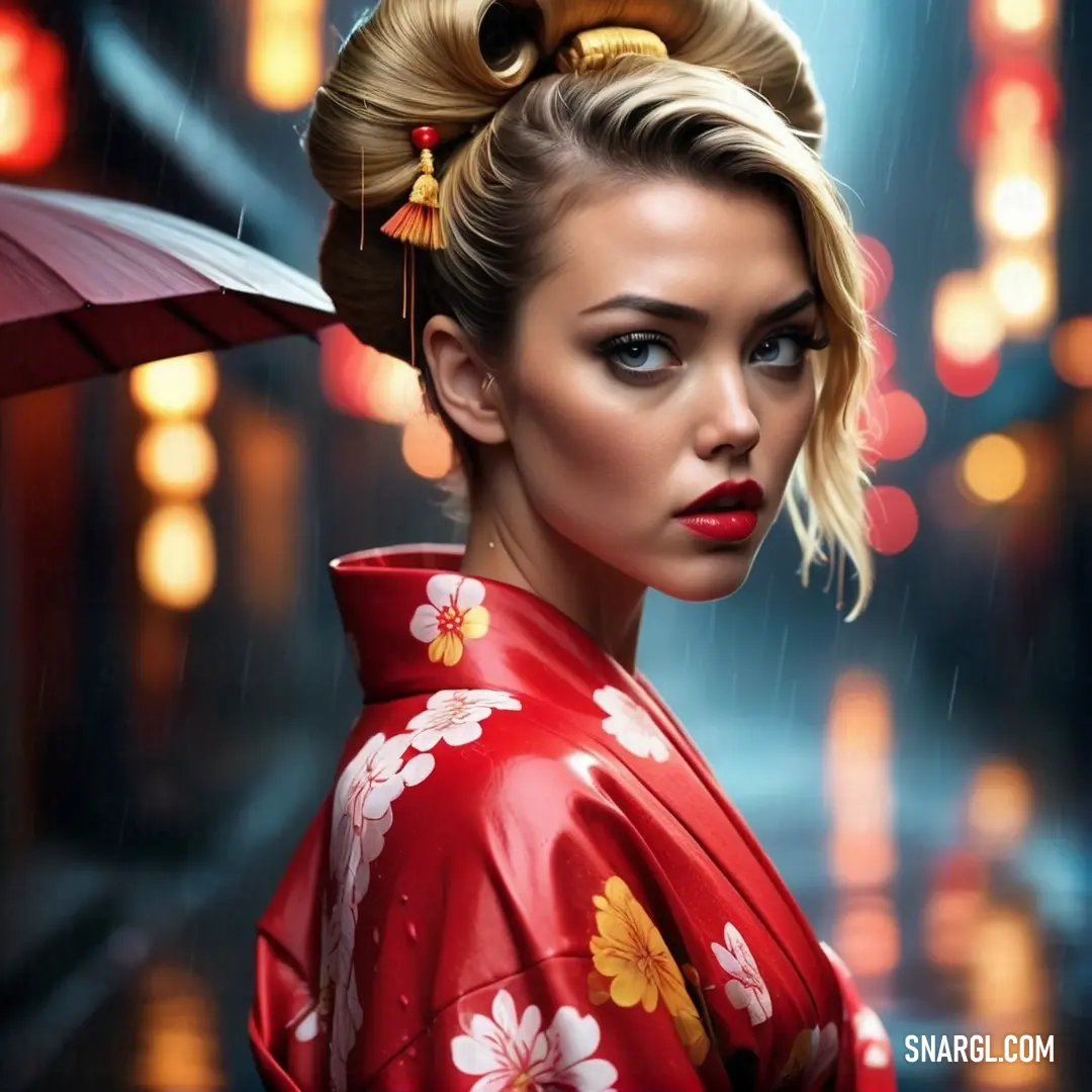 Woman in a kimono holding an umbrella in the rain at night with lights in the background. Color NCS S 1580-Y80R.