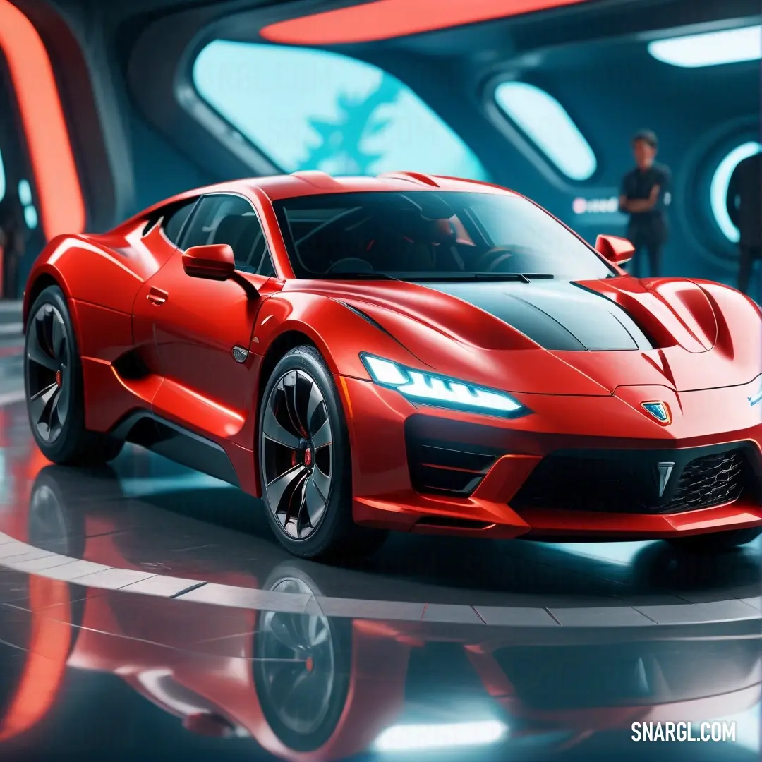 Red sports car is on a reflective surface with people in the background. Color RGB 198,18,26.